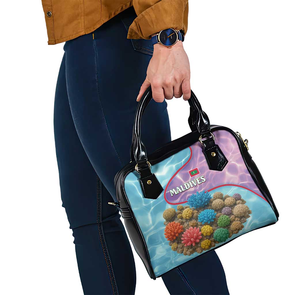 Maldives Coral Reef Ocean Print Shoulder Handbag with Underwater Pastel Blue and Purple Design