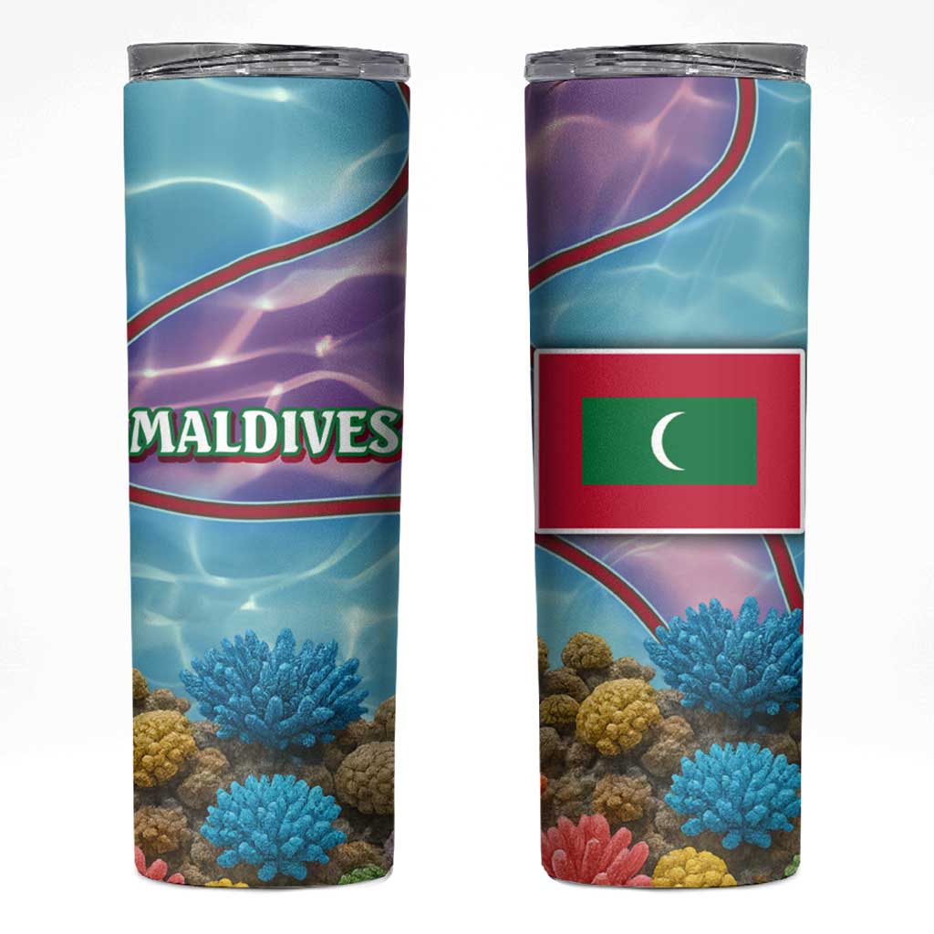 Maldives Coral Reef Ocean Print Skinny Tumbler with Underwater Pastel Blue and Purple Design