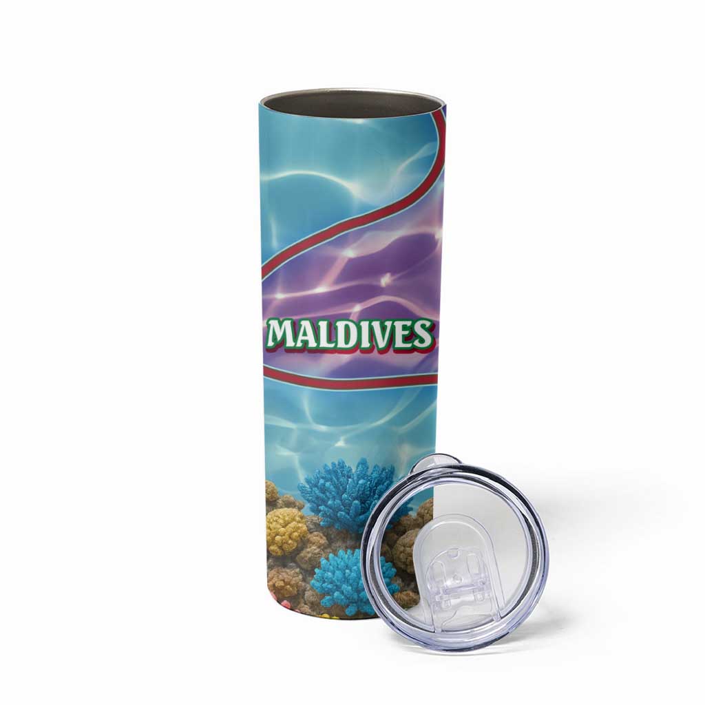 Maldives Coral Reef Ocean Print Skinny Tumbler with Underwater Pastel Blue and Purple Design