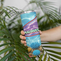 Maldives Coral Reef Ocean Print Skinny Tumbler with Underwater Pastel Blue and Purple Design