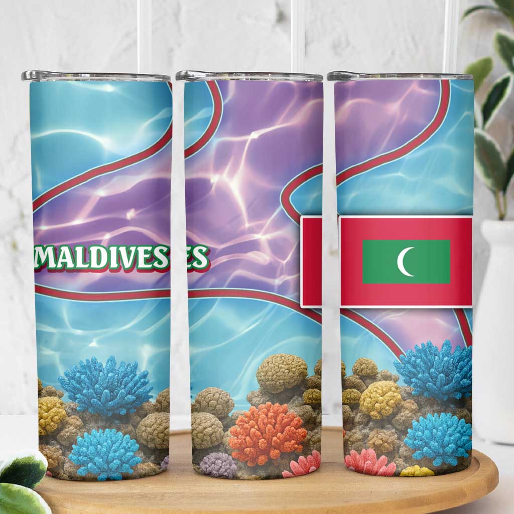 Maldives Coral Reef Ocean Print Skinny Tumbler with Underwater Pastel Blue and Purple Design