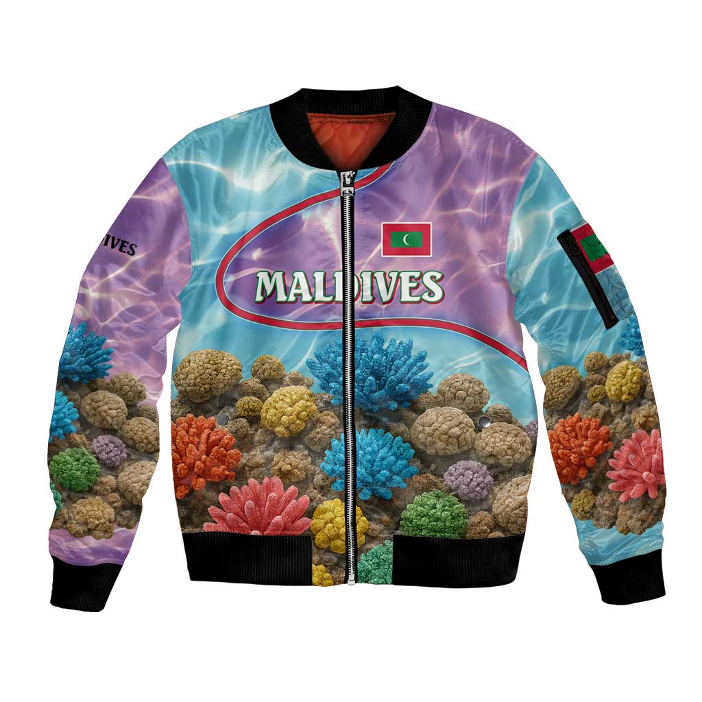 Maldives Coral Reef Ocean Print Sleeve Zip Bomber Jacket with Underwater Pastel Blue and Purple Design