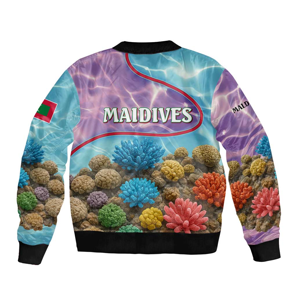 Maldives Coral Reef Ocean Print Sleeve Zip Bomber Jacket with Underwater Pastel Blue and Purple Design
