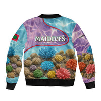 Maldives Coral Reef Ocean Print Sleeve Zip Bomber Jacket with Underwater Pastel Blue and Purple Design