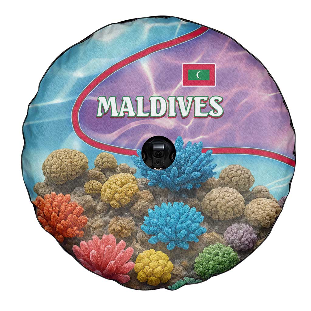 Maldives Coral Reef Ocean Print Spare Tire Cover with Underwater Pastel Blue and Purple Design