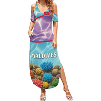 Maldives Coral Reef Ocean Print Summer Maxi Dress with Underwater Pastel Blue and Purple Design