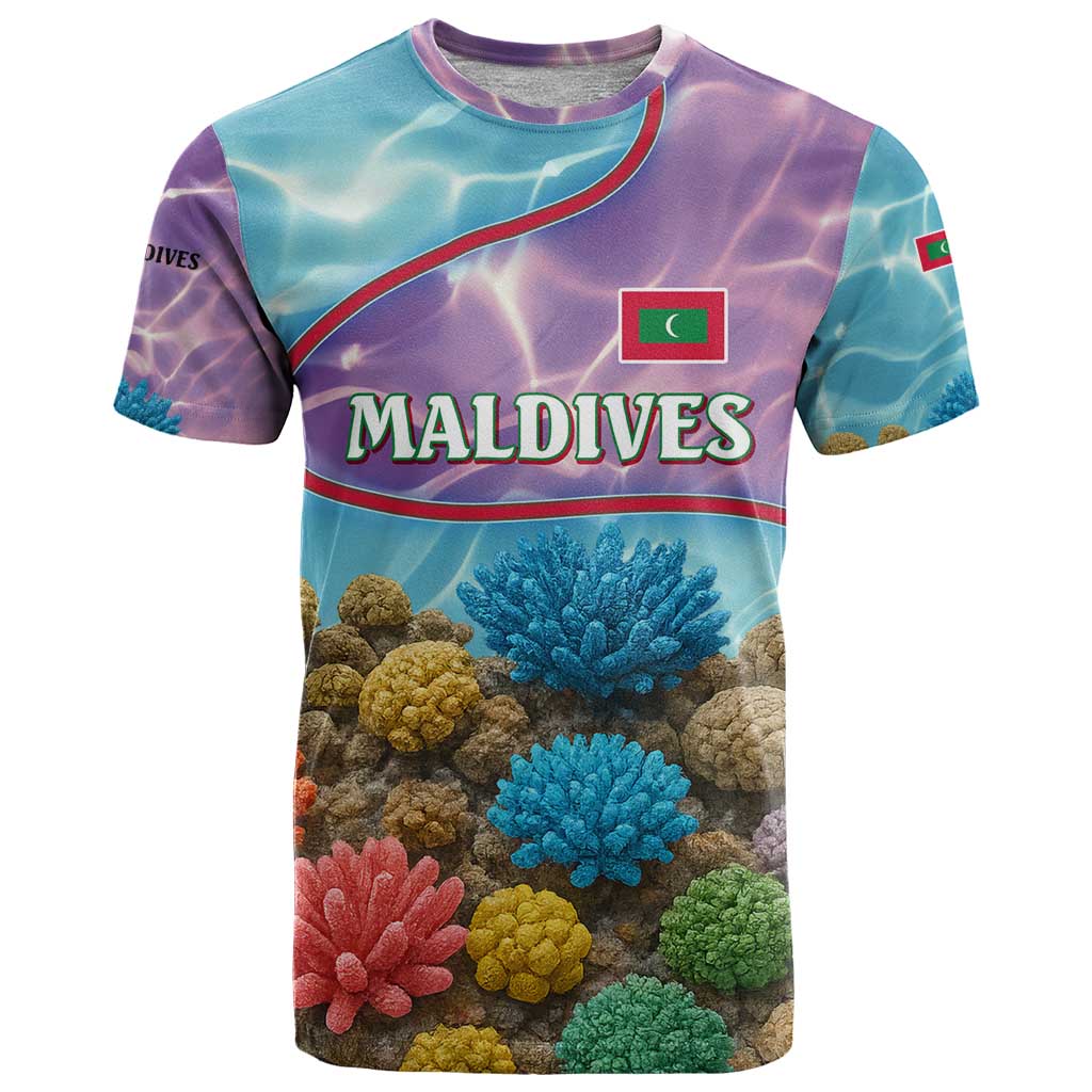 Maldives Coral Reef Ocean Print T Shirt with Underwater Pastel Blue and Purple Design