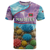 Maldives Coral Reef Ocean Print T Shirt with Underwater Pastel Blue and Purple Design