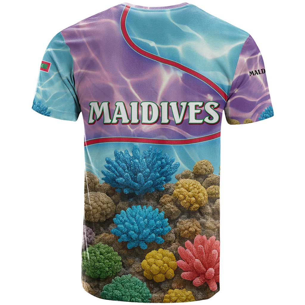Maldives Coral Reef Ocean Print T Shirt with Underwater Pastel Blue and Purple Design