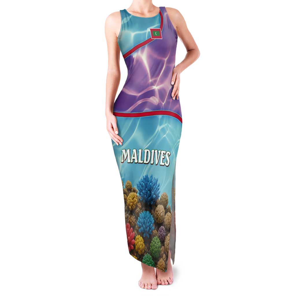 Maldives Coral Reef Ocean Print Tank Maxi Dress with Underwater Pastel Blue and Purple Design
