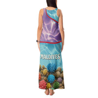 Maldives Coral Reef Ocean Print Tank Maxi Dress with Underwater Pastel Blue and Purple Design