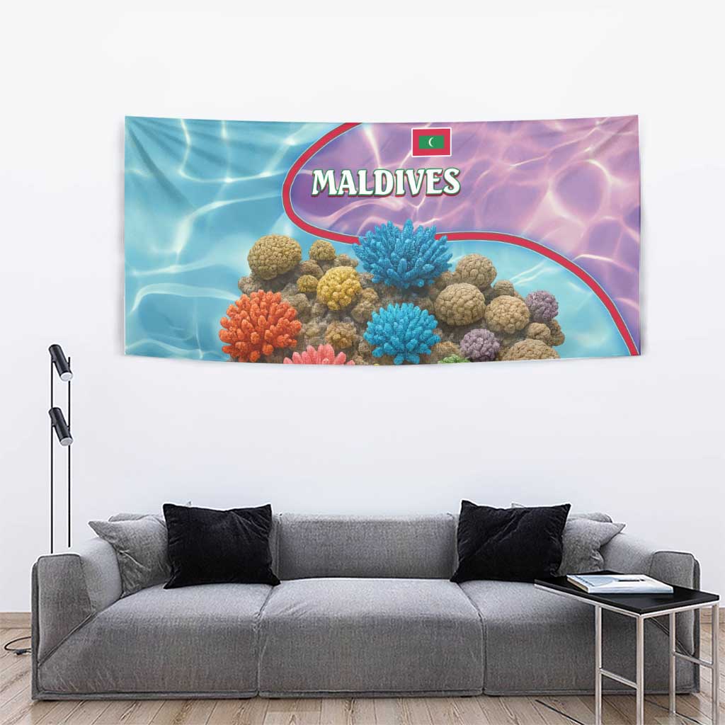 Maldives Coral Reef Ocean Print Tapestry with Underwater Pastel Blue and Purple Design