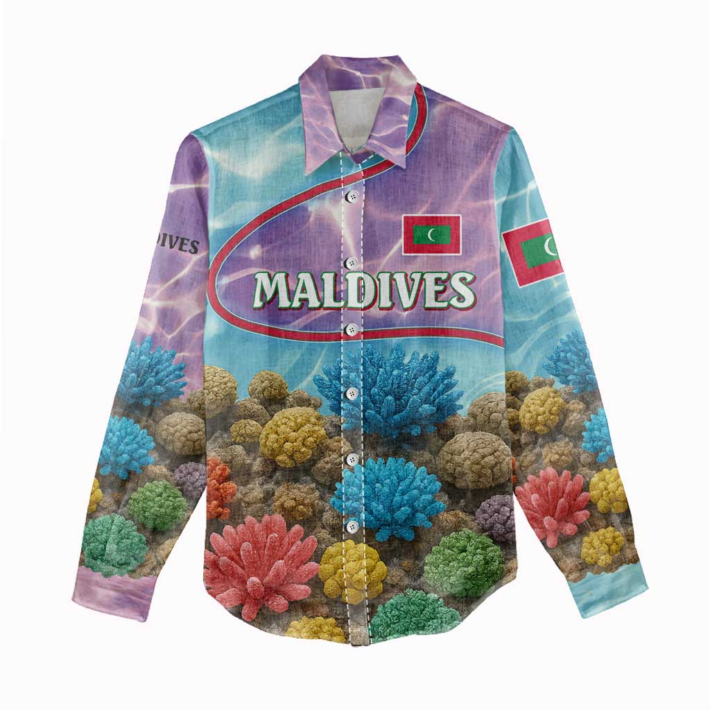 Maldives Coral Reef Ocean Print Women Casual Shirt with Underwater Pastel Blue and Purple Design