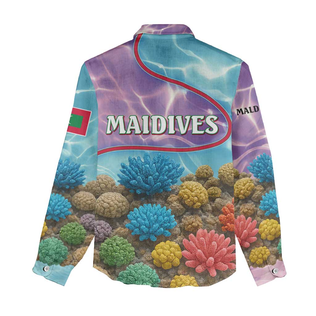 Maldives Coral Reef Ocean Print Women Casual Shirt with Underwater Pastel Blue and Purple Design