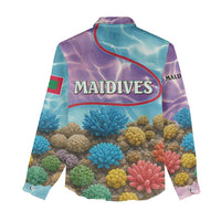 Maldives Coral Reef Ocean Print Women Casual Shirt with Underwater Pastel Blue and Purple Design