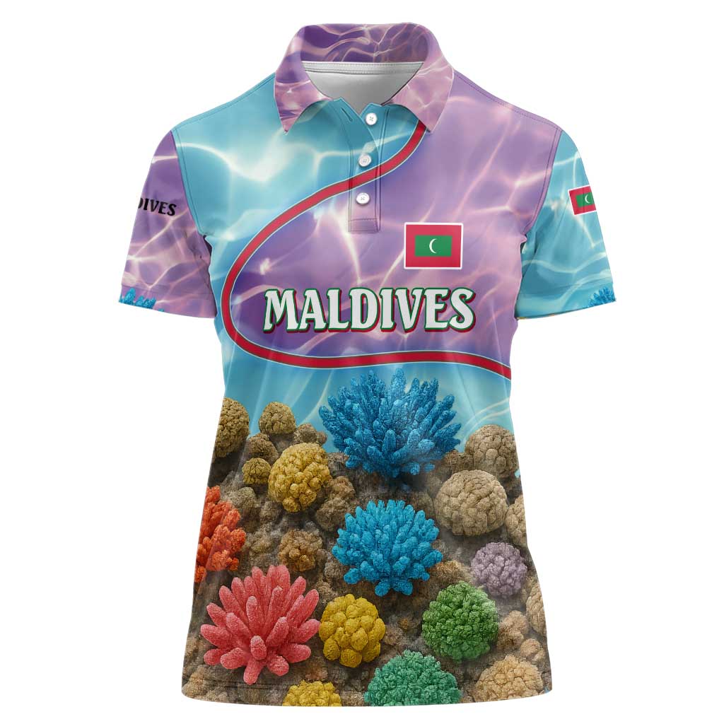 Maldives Coral Reef Ocean Print Women Polo Shirt with Underwater Pastel Blue and Purple Design