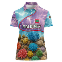 Maldives Coral Reef Ocean Print Women Polo Shirt with Underwater Pastel Blue and Purple Design