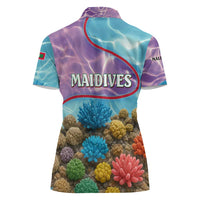 Maldives Coral Reef Ocean Print Women Polo Shirt with Underwater Pastel Blue and Purple Design
