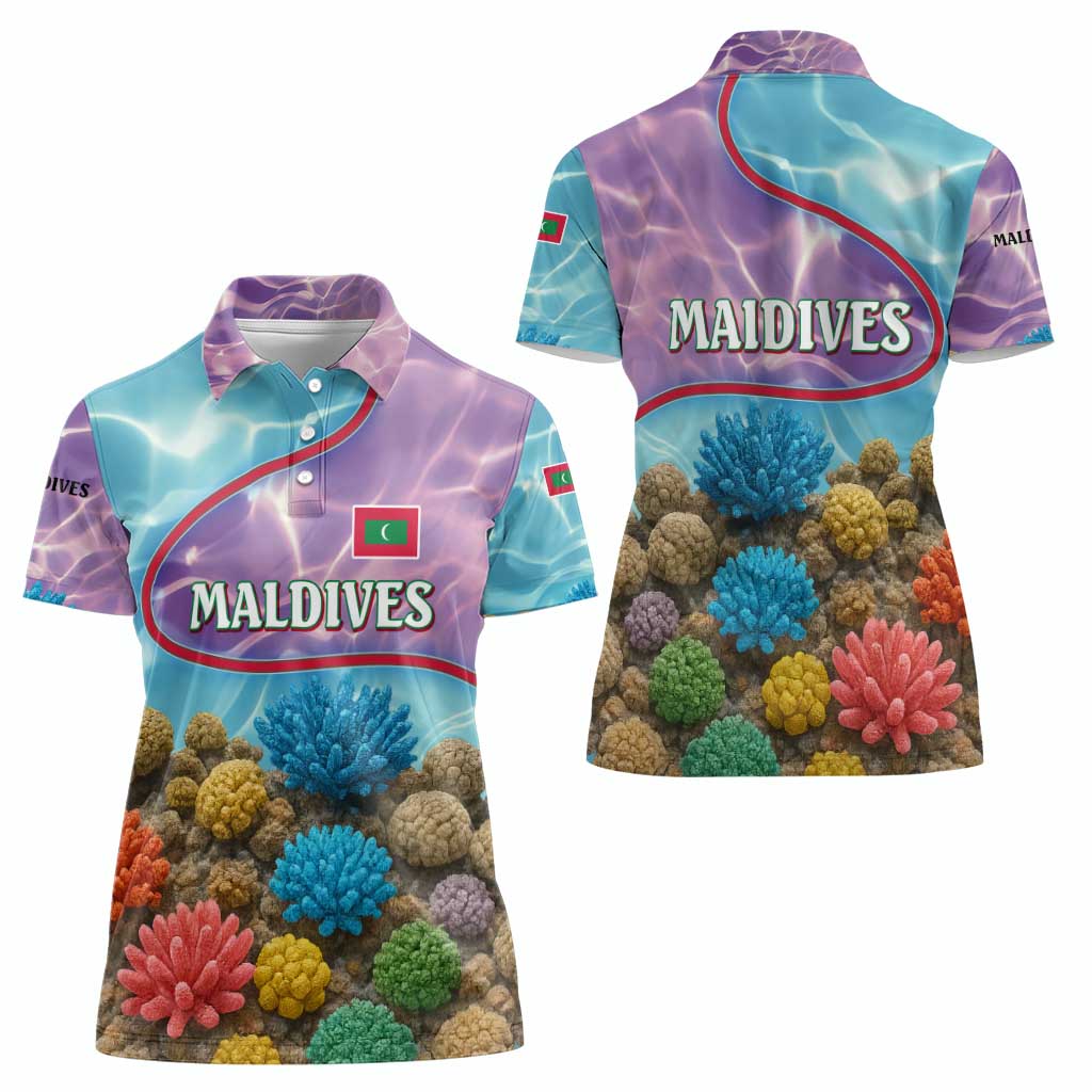 Maldives Coral Reef Ocean Print Women Polo Shirt with Underwater Pastel Blue and Purple Design