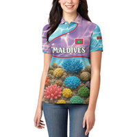 Maldives Coral Reef Ocean Print Women Polo Shirt with Underwater Pastel Blue and Purple Design