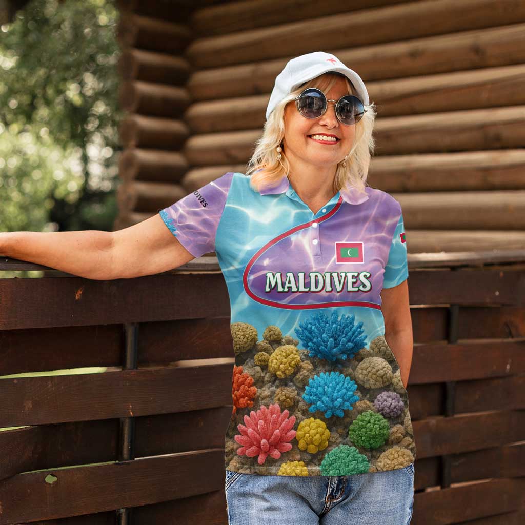 Maldives Coral Reef Ocean Print Women Polo Shirt with Underwater Pastel Blue and Purple Design