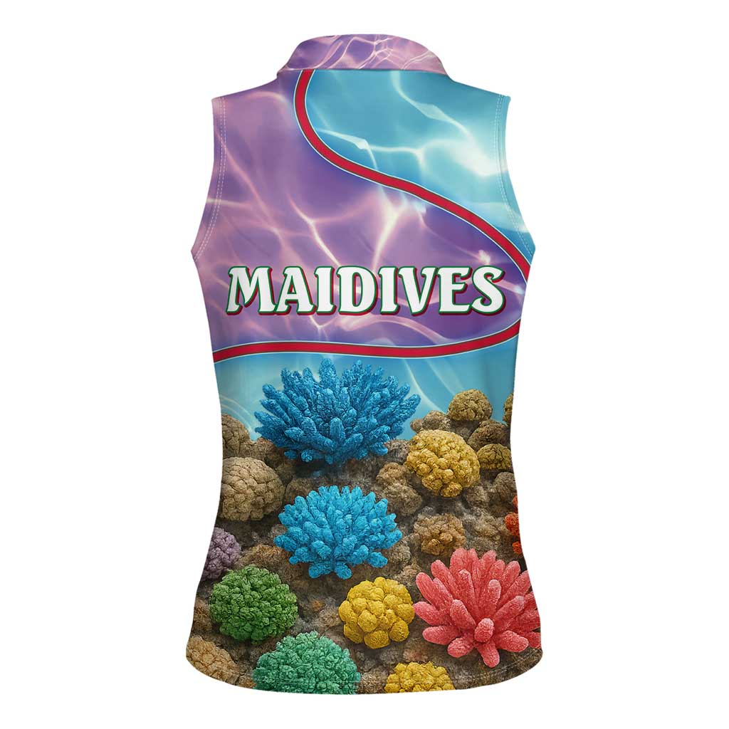 Maldives Coral Reef Ocean Print Women Sleeveless Polo Shirt with Underwater Pastel Blue and Purple Design