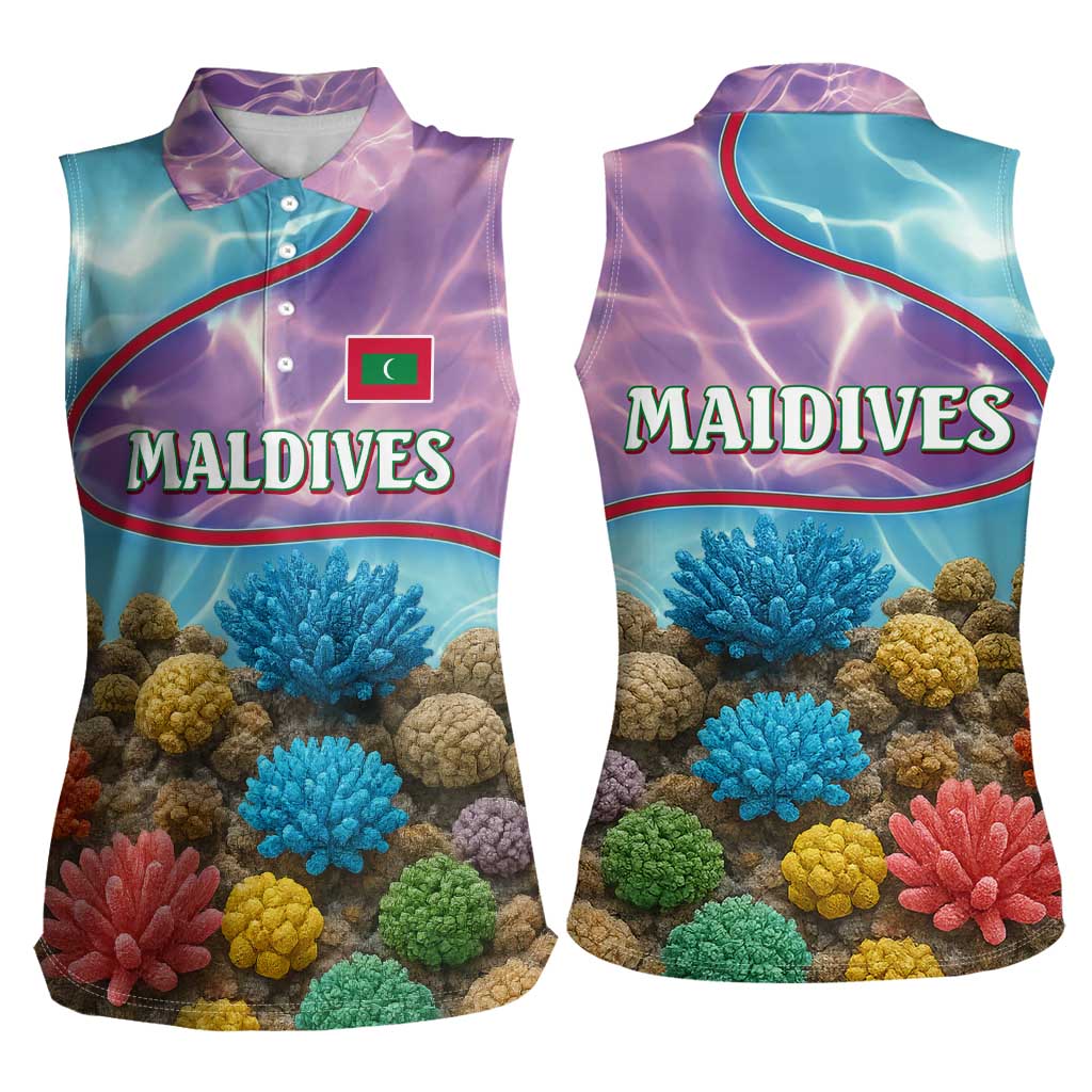 Maldives Coral Reef Ocean Print Women Sleeveless Polo Shirt with Underwater Pastel Blue and Purple Design
