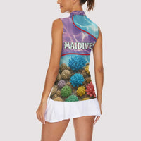 Maldives Coral Reef Ocean Print Women Sleeveless Polo Shirt with Underwater Pastel Blue and Purple Design