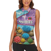 Maldives Coral Reef Ocean Print Women Sleeveless Polo Shirt with Underwater Pastel Blue and Purple Design