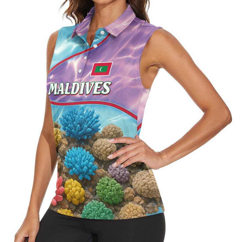 Maldives Coral Reef Ocean Print Women Sleeveless Polo Shirt with Underwater Pastel Blue and Purple Design