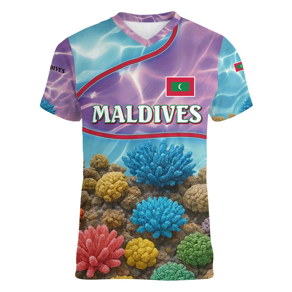 Maldives Coral Reef Ocean Print Women V-Neck T-Shirt with Underwater Pastel Blue and Purple Design