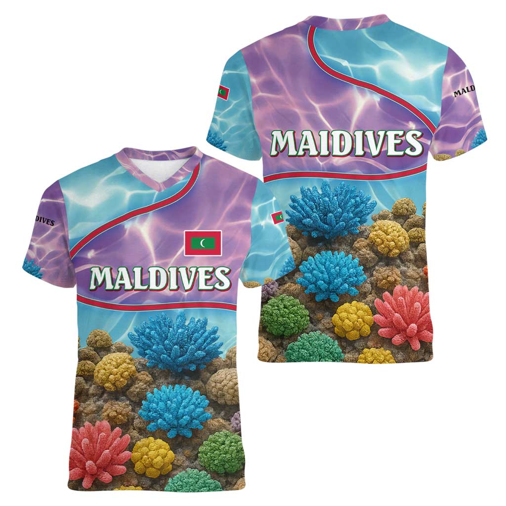 Maldives Coral Reef Ocean Print Women V-Neck T-Shirt with Underwater Pastel Blue and Purple Design