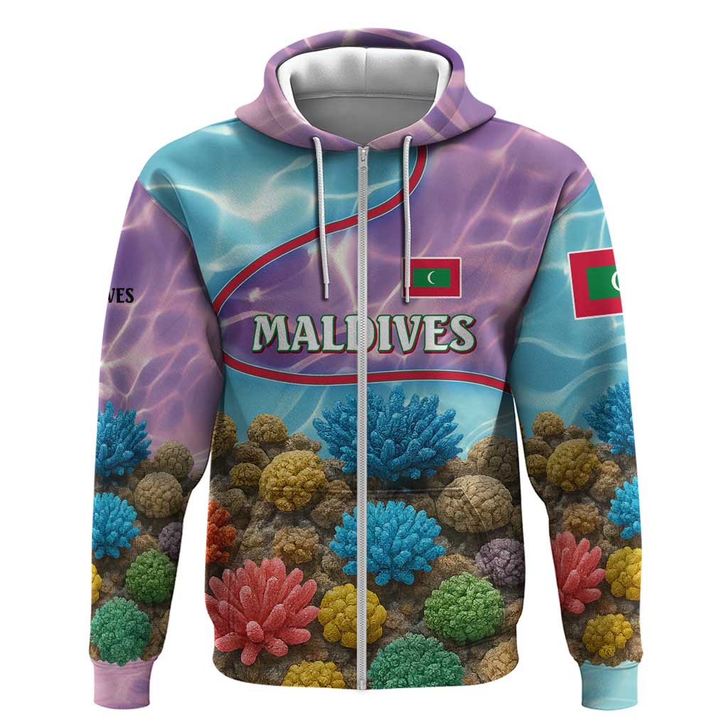 Maldives Coral Reef Ocean Print Zip Hoodie with Underwater Pastel Blue and Purple Design