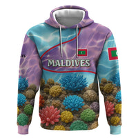 Maldives Coral Reef Ocean Print Zip Hoodie with Underwater Pastel Blue and Purple Design