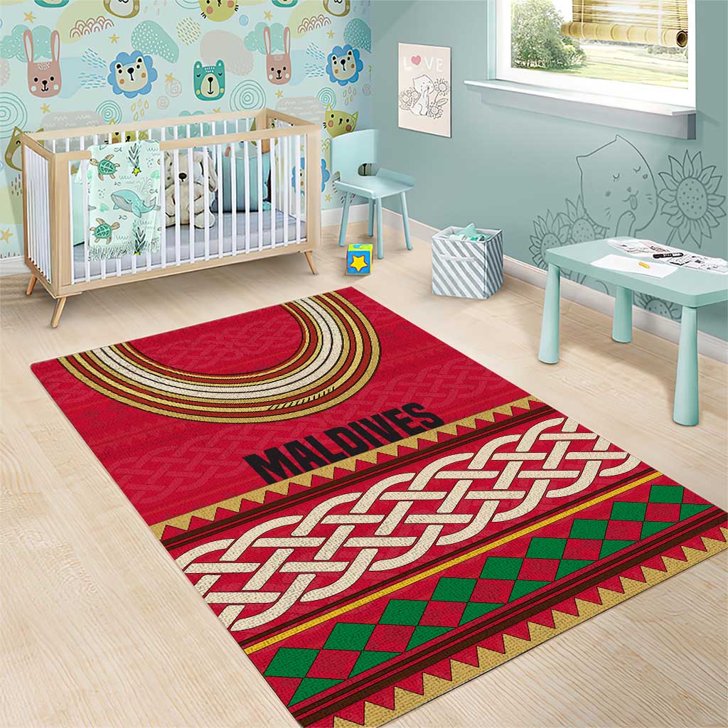 Maldives Tribal Heritage Red Area Rug with Cultural Geometric Pattern and Island Flag Print