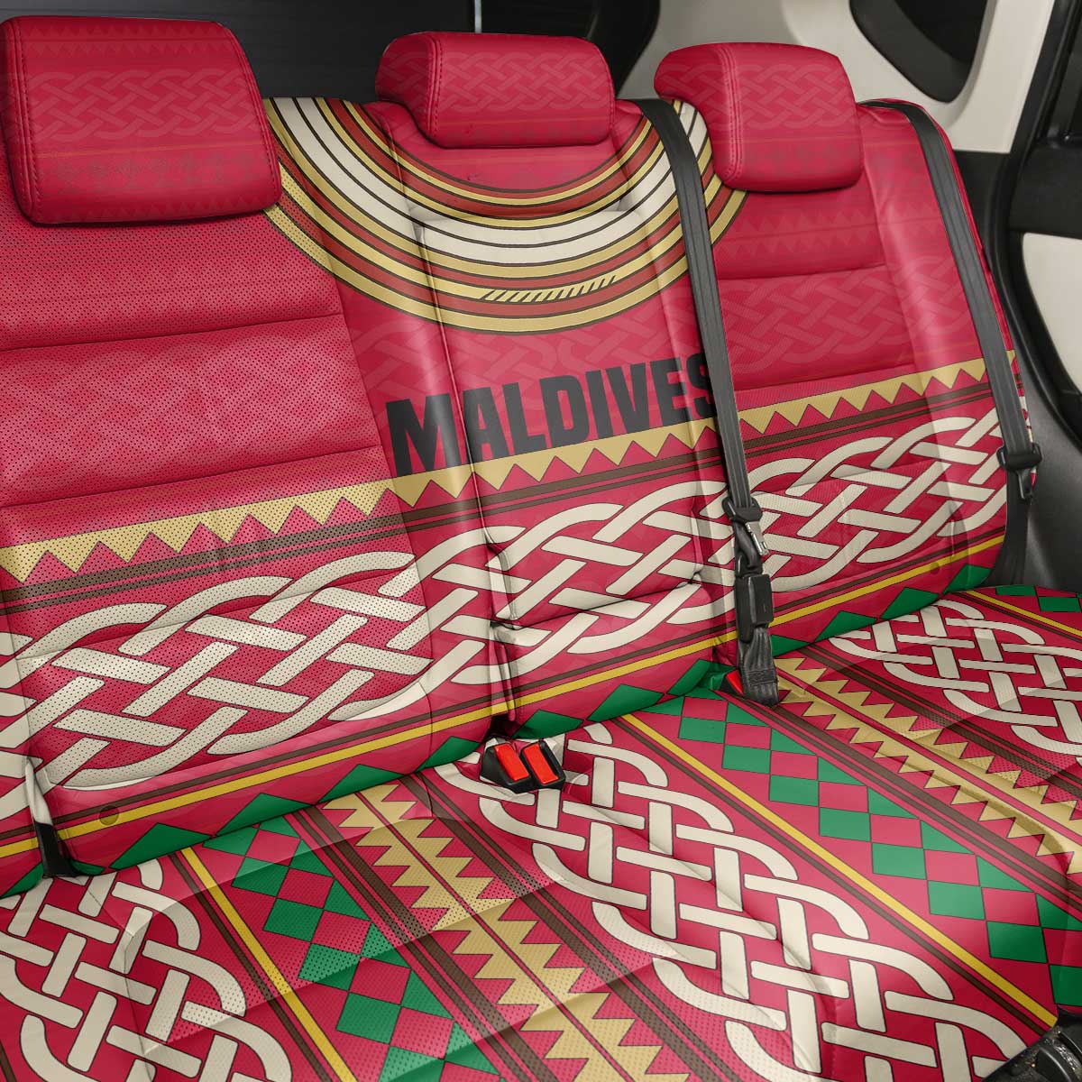 Maldives Tribal Heritage Red Back Car Seat Cover with Cultural Geometric Pattern and Island Flag Print
