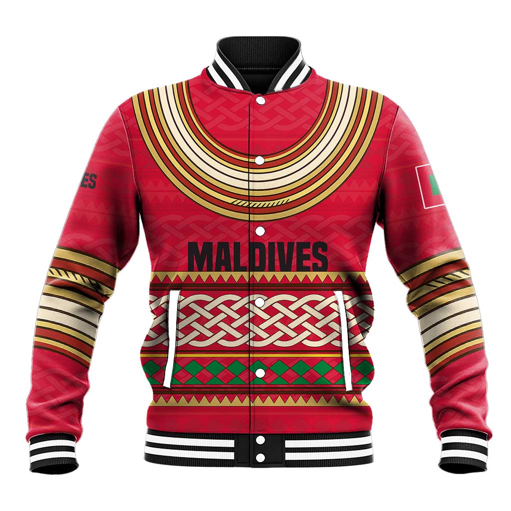 Maldives Tribal Heritage Red Baseball Jacket with Cultural Geometric Pattern and Island Flag Print