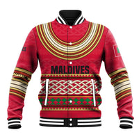 Maldives Tribal Heritage Red Baseball Jacket with Cultural Geometric Pattern and Island Flag Print
