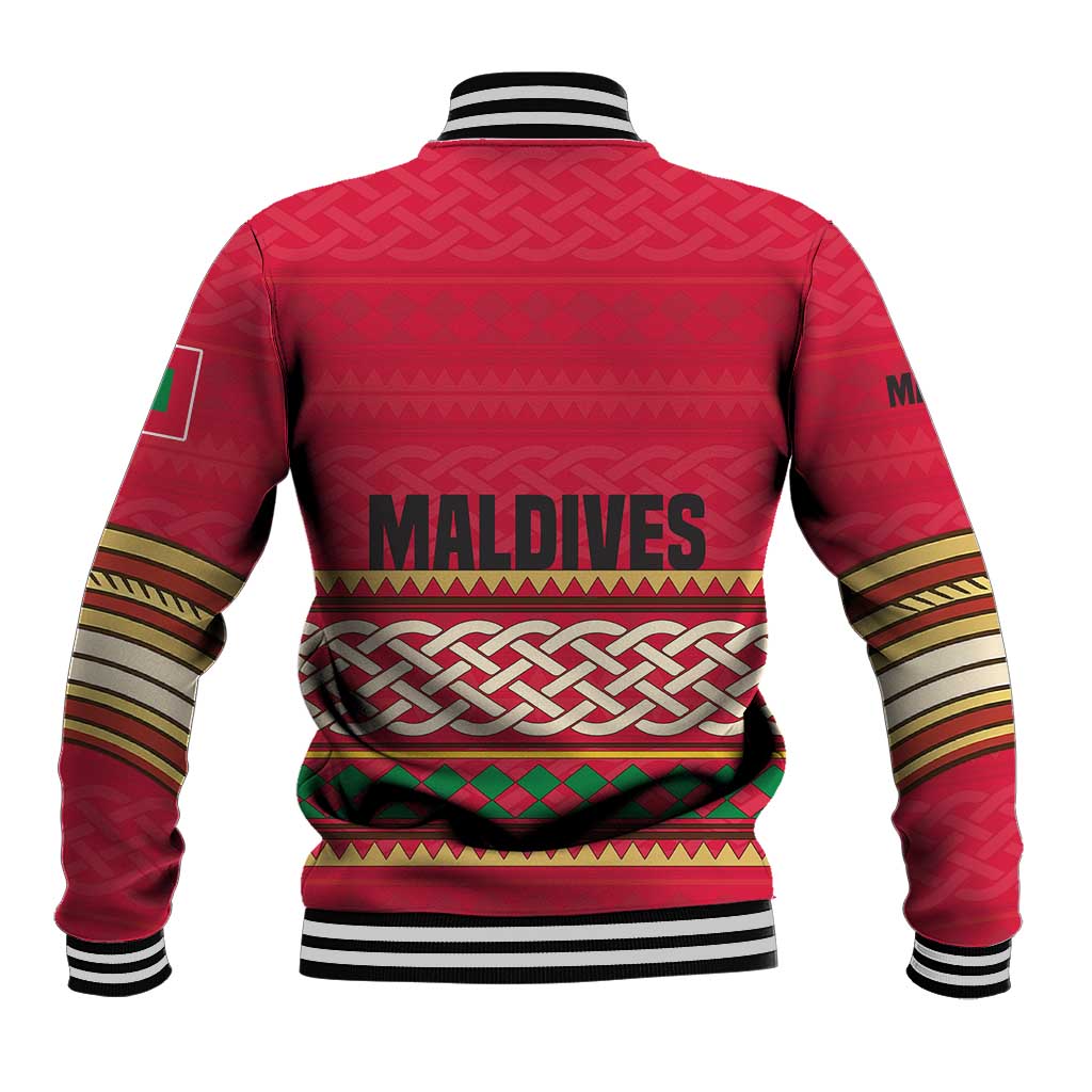 Maldives Tribal Heritage Red Baseball Jacket with Cultural Geometric Pattern and Island Flag Print