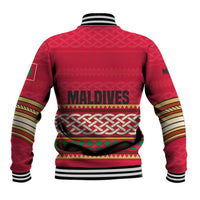 Maldives Tribal Heritage Red Baseball Jacket with Cultural Geometric Pattern and Island Flag Print