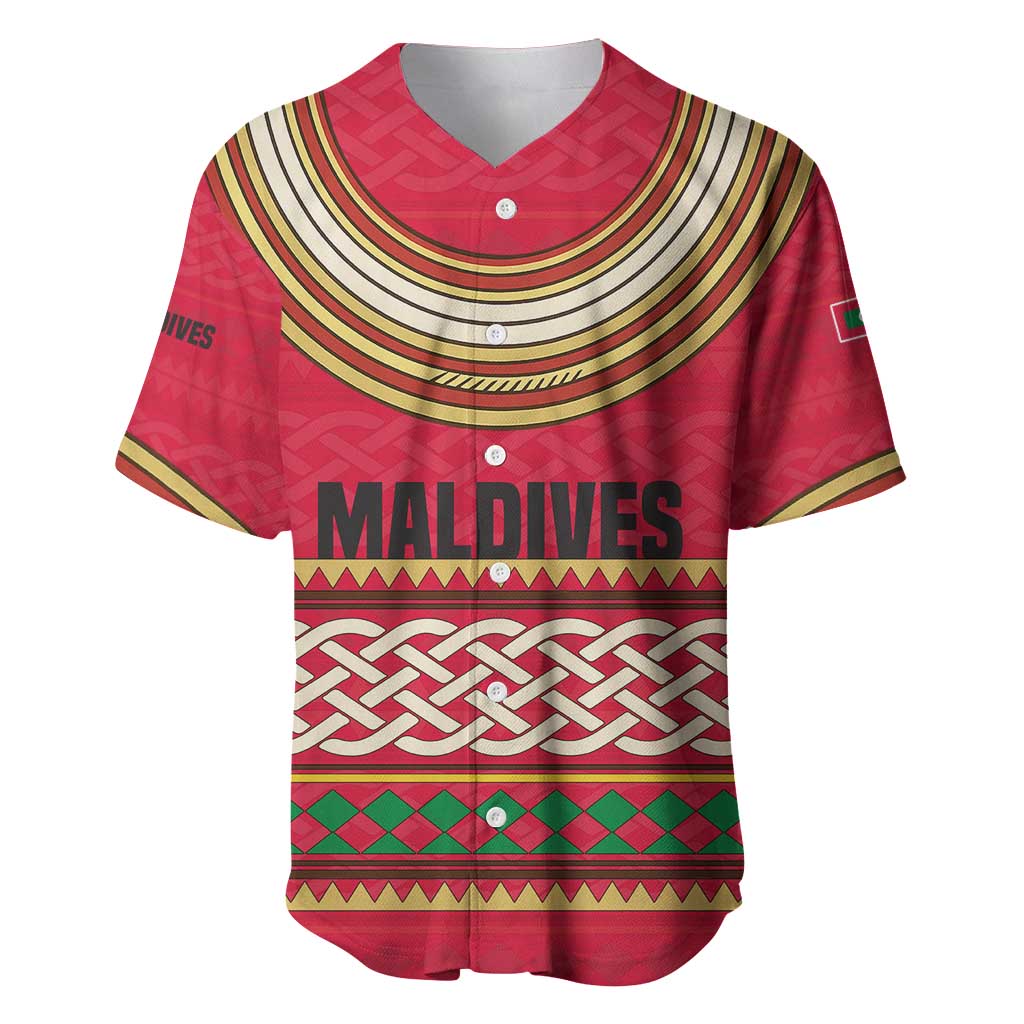 Maldives Tribal Heritage Red Baseball Jersey with Cultural Geometric Pattern and Island Flag Print