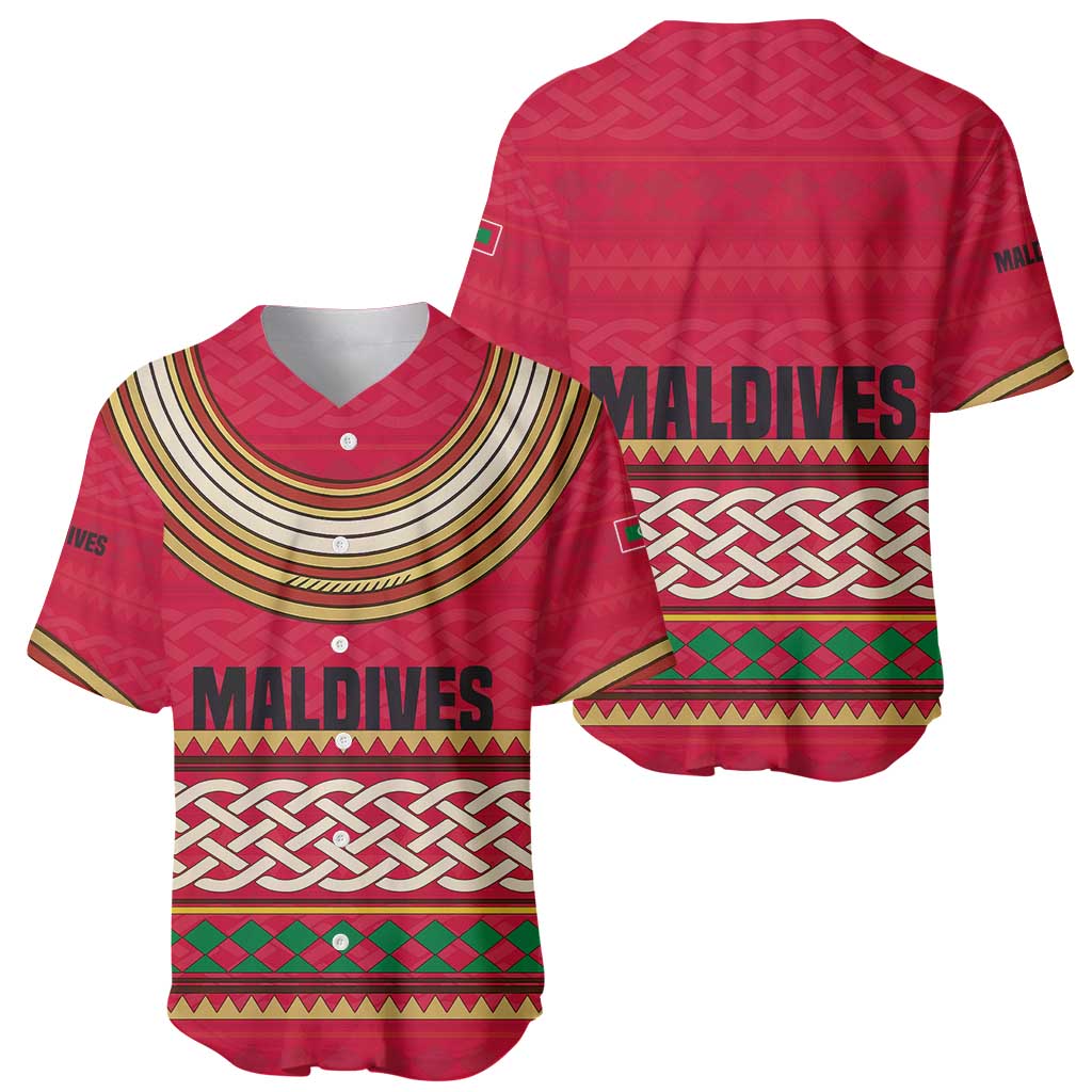 Maldives Tribal Heritage Red Baseball Jersey with Cultural Geometric Pattern and Island Flag Print