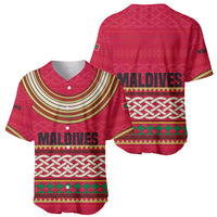 Maldives Tribal Heritage Red Baseball Jersey with Cultural Geometric Pattern and Island Flag Print