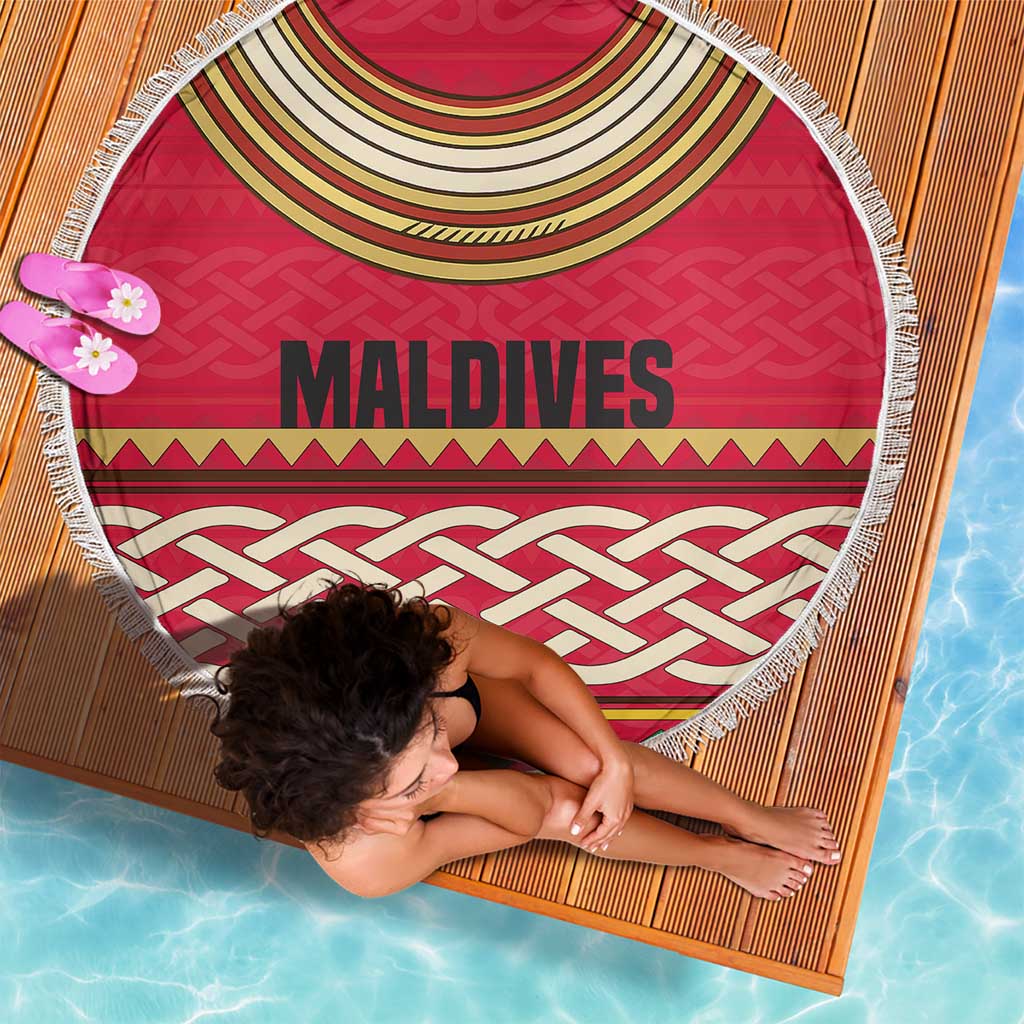 Maldives Tribal Heritage Red Beach Blanket with Cultural Geometric Pattern and Island Flag Print