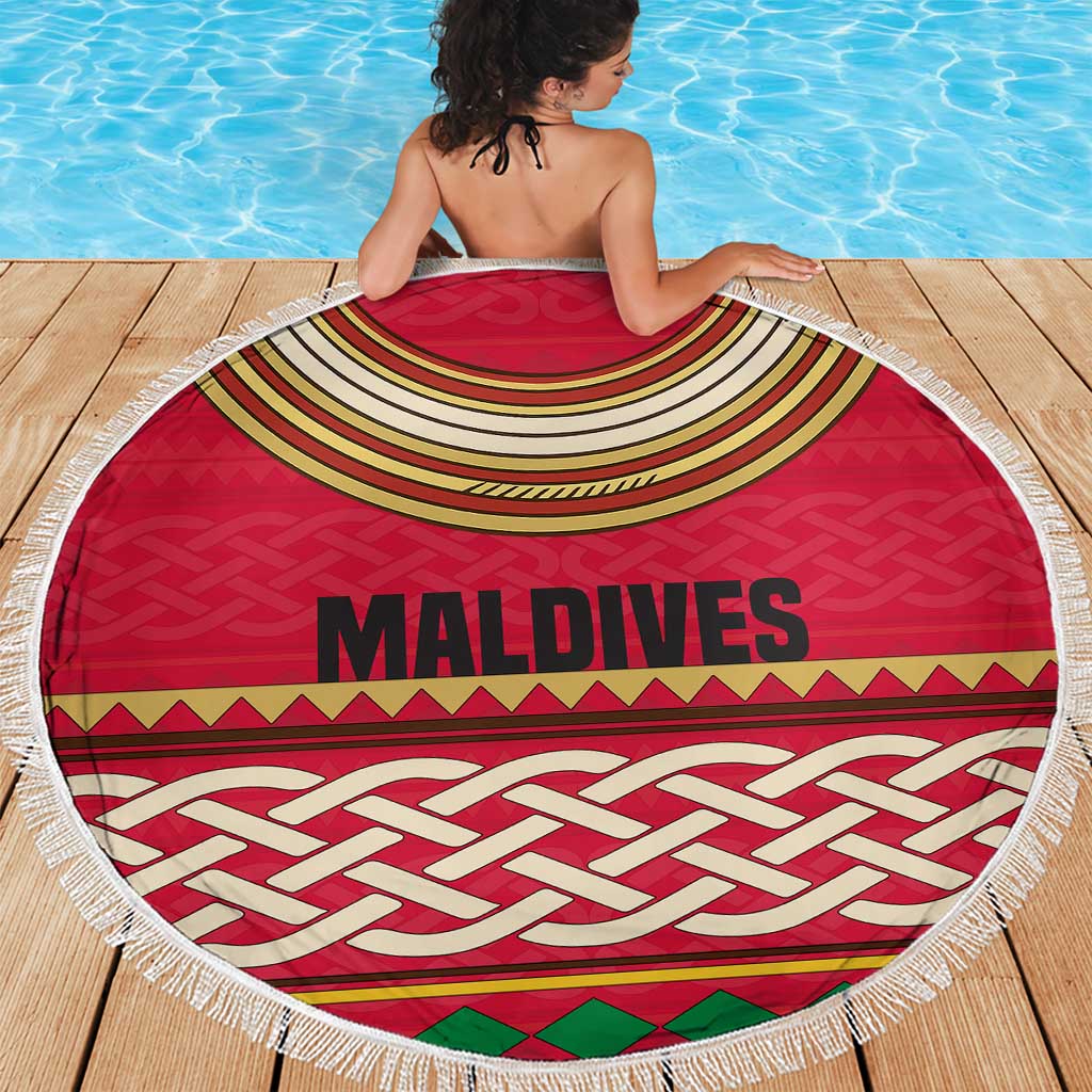 Maldives Tribal Heritage Red Beach Blanket with Cultural Geometric Pattern and Island Flag Print