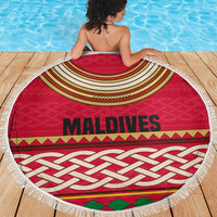 Maldives Tribal Heritage Red Beach Blanket with Cultural Geometric Pattern and Island Flag Print