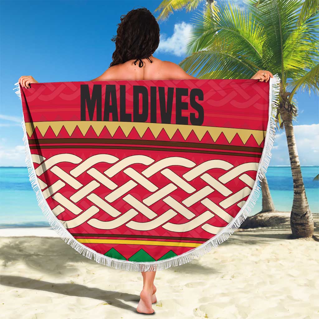 Maldives Tribal Heritage Red Beach Blanket with Cultural Geometric Pattern and Island Flag Print