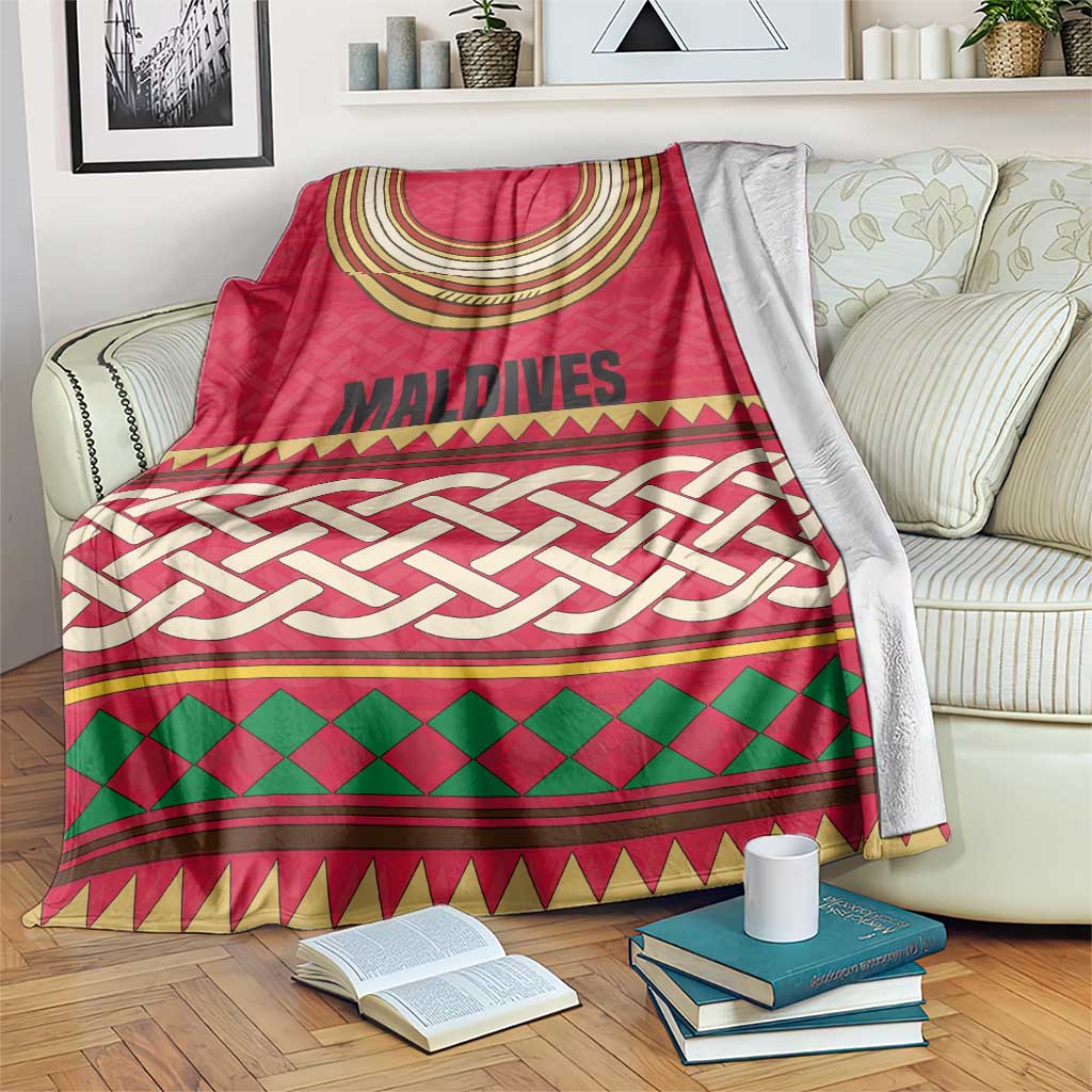 Maldives Tribal Heritage Red Blanket with Cultural Geometric Pattern and Island Flag Print