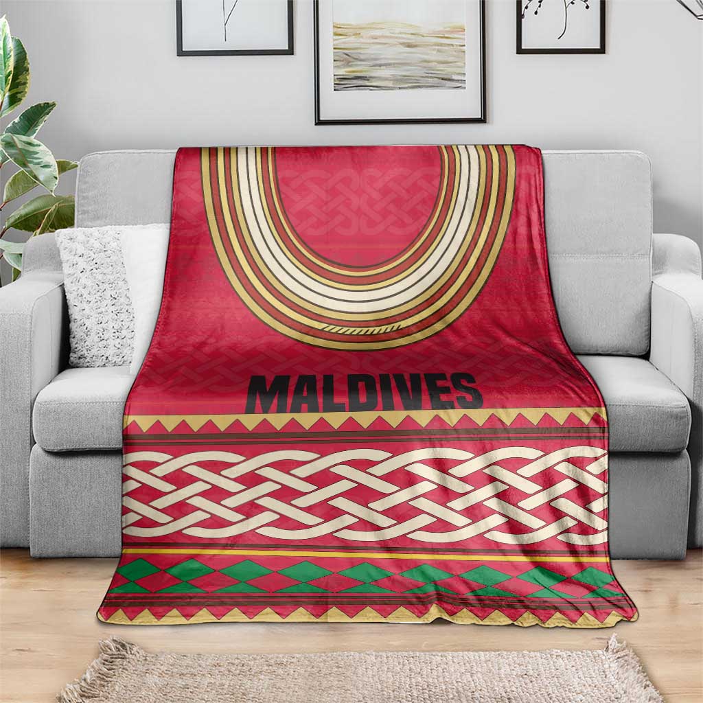 Maldives Tribal Heritage Red Blanket with Cultural Geometric Pattern and Island Flag Print