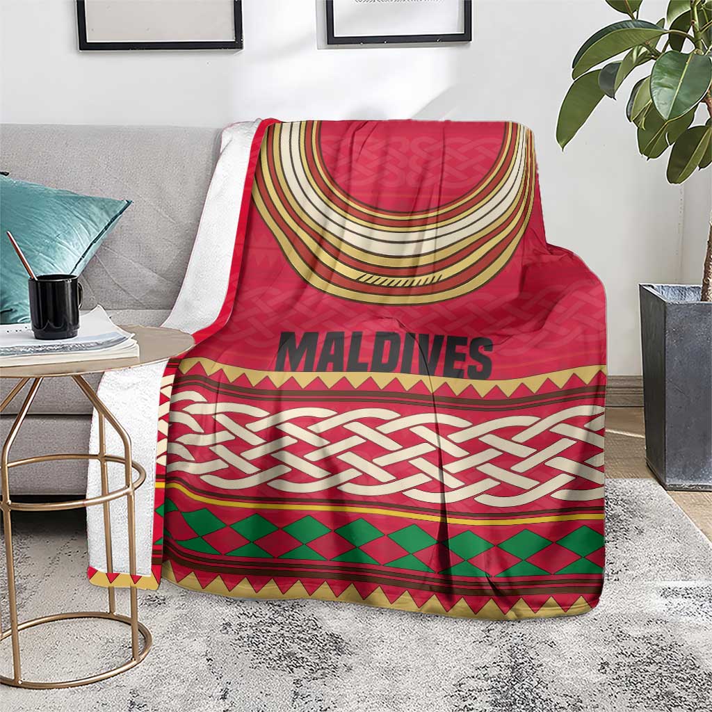 Maldives Tribal Heritage Red Blanket with Cultural Geometric Pattern and Island Flag Print